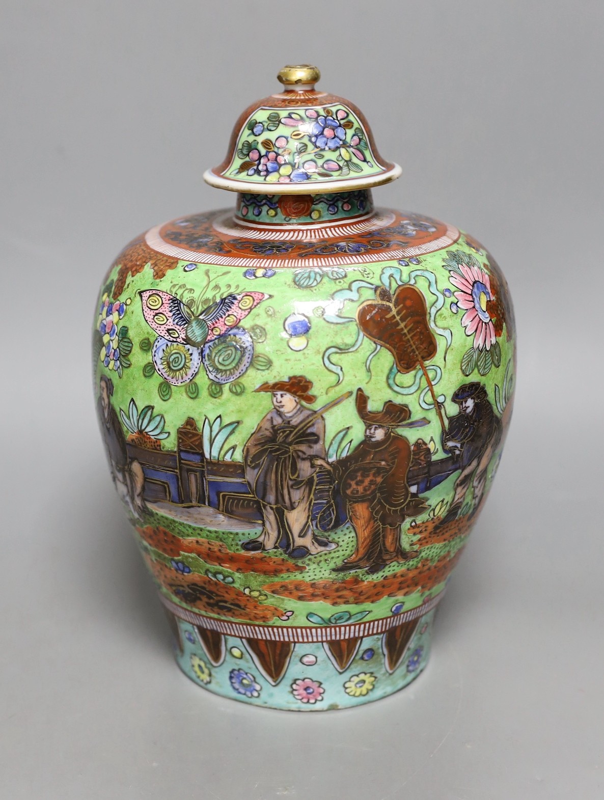 A clobbered Delft vase with a clobbered Chinese porcelain cover, 24cm high